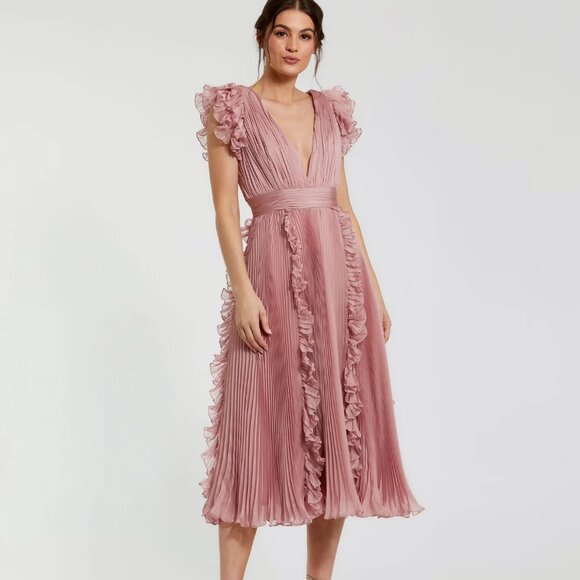 NWT | Mac Duggal‎ 49675 Pleated Chiffon V Neck Ruffle Midi Dress Rose Pink 8 - Picture 2 of 15